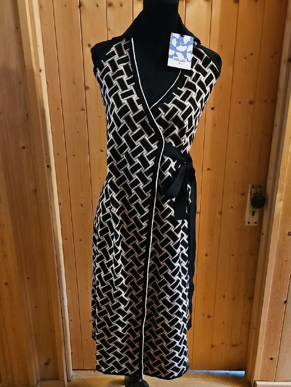 Diane Von Furstenberg Black & White Geometric Wrap Midi Dress
